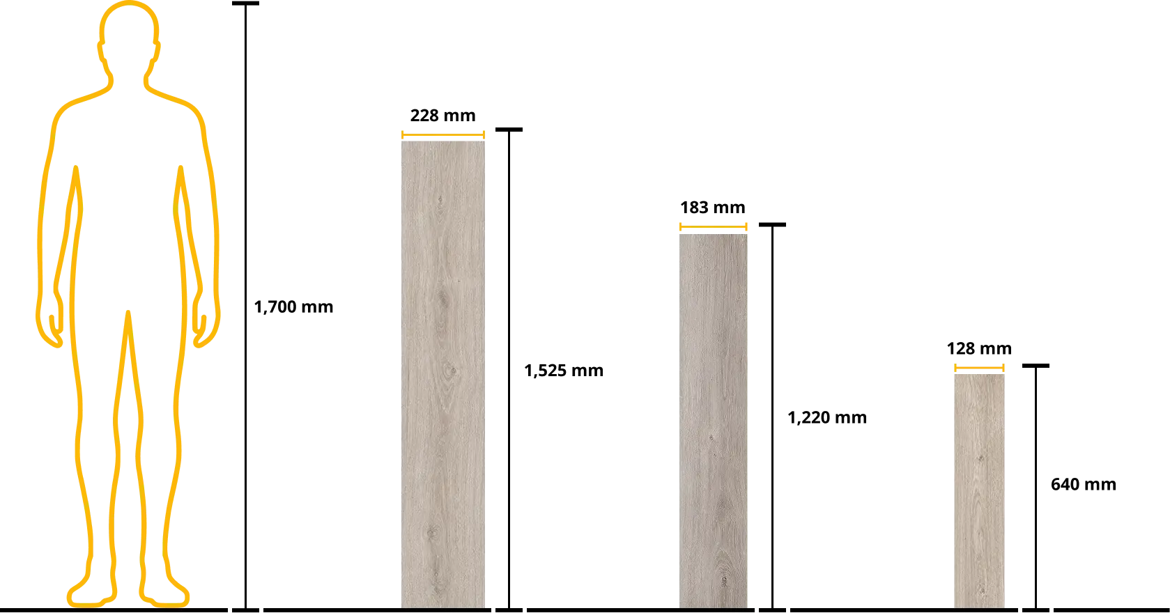 Plank size comparison showing plank widths and lengths next to a 1,700 mm tall person